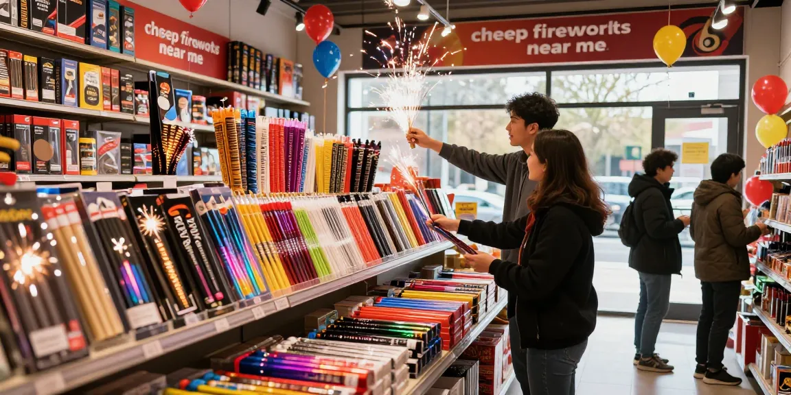 Excited customer exploring cheap fireworks near me in vibrant shop with colorful displays.