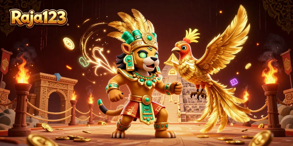 Experience thrilling gaming adventures with Raja123 amidst vibrant 3D casino elements.