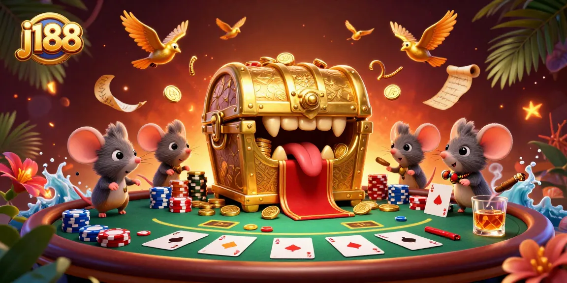 Experience the excitement of j188 as adventurer mice encounter treasure in a vibrant casino scene.