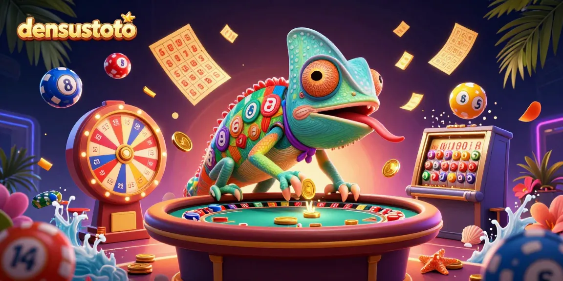 Densustoto menampilkan chameleon kasino 3D yang menangkap koin emas, dikelilingi bola lotere warna-warni.