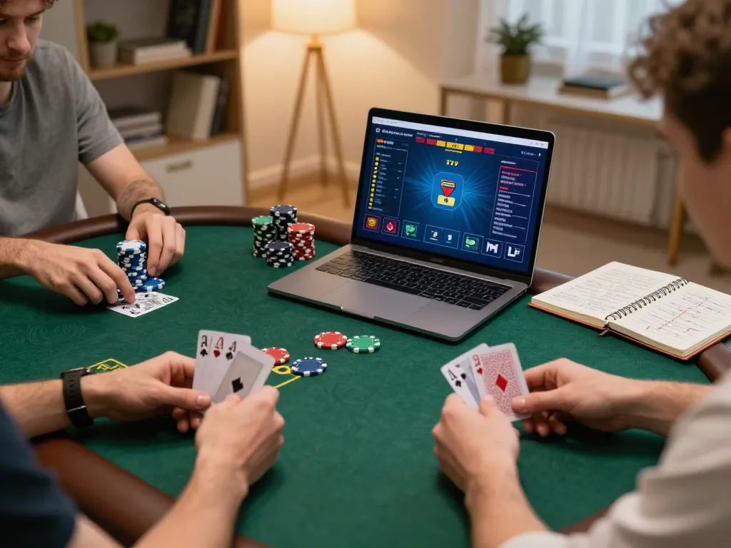 Players engaged in an online poker game on their laptop at home, showcasing strategy and fun at uu88.