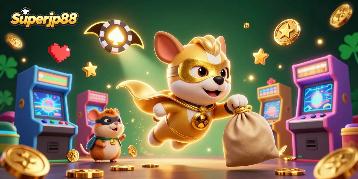 Experience superjp88 with an epic superhero dog, coins, and vibrant casino themes in action.