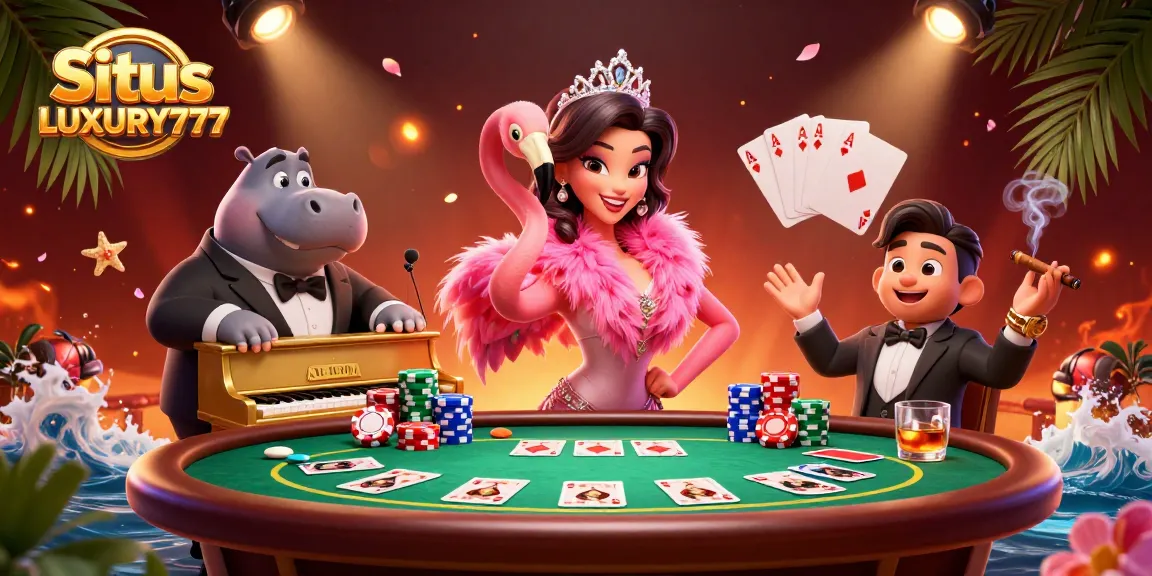 Situs LUXURY777 menghadirkan suasana kasino dengan flamingo bernyanyi dan hippo pemain bass di atas meja poker