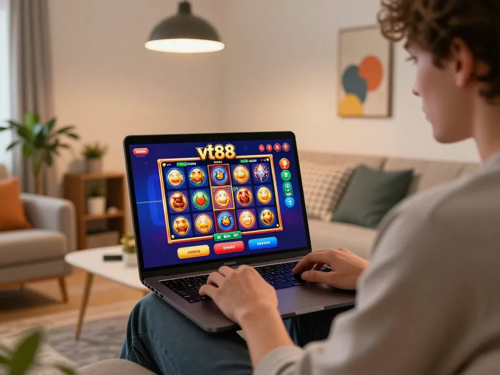 Player enjoying vt88's online casino app in a modern living room with vibrant game interface