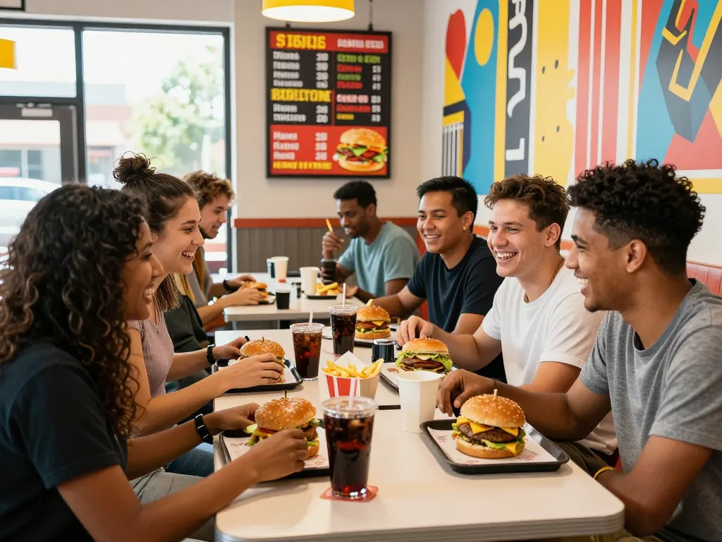 Friends enjoying lunch at a fast food restaurant, showcasing fast food prices and lively atmosphere.