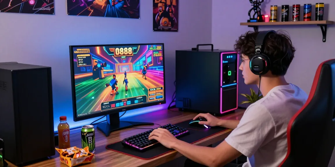 Exciting gamer enjoying slot88 games on a vibrant gaming setup.