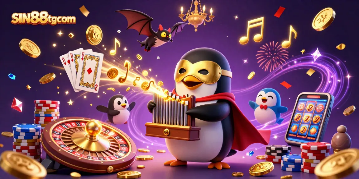 SIN88tgcom features a penguin playing an organ surrounded by gold coins and dazzling casino elements.