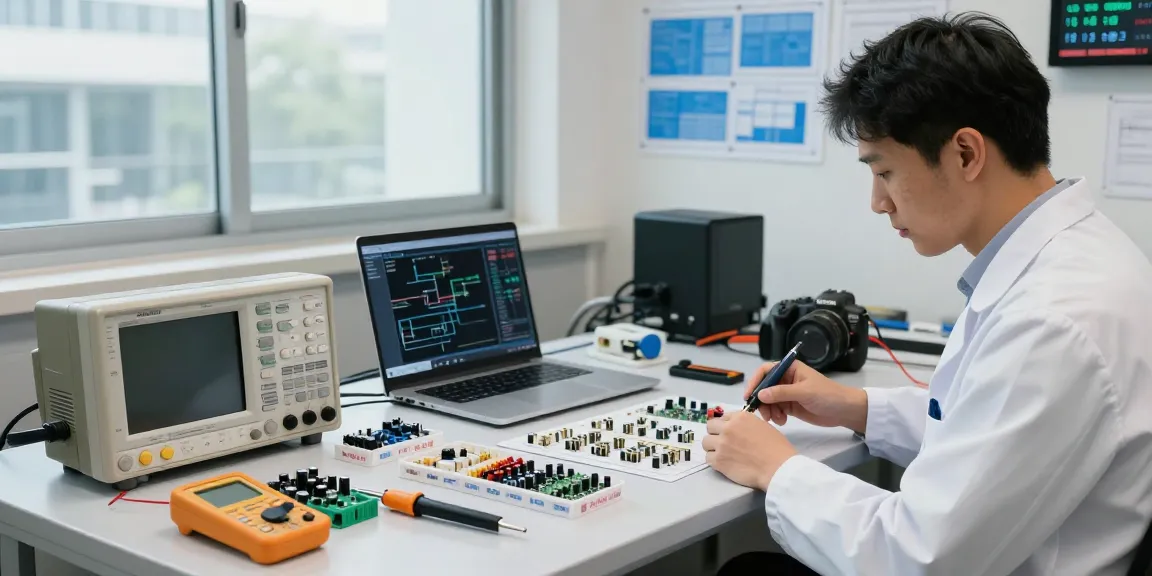Engineer examining IEC connectors and electronic components in a professional workspace.