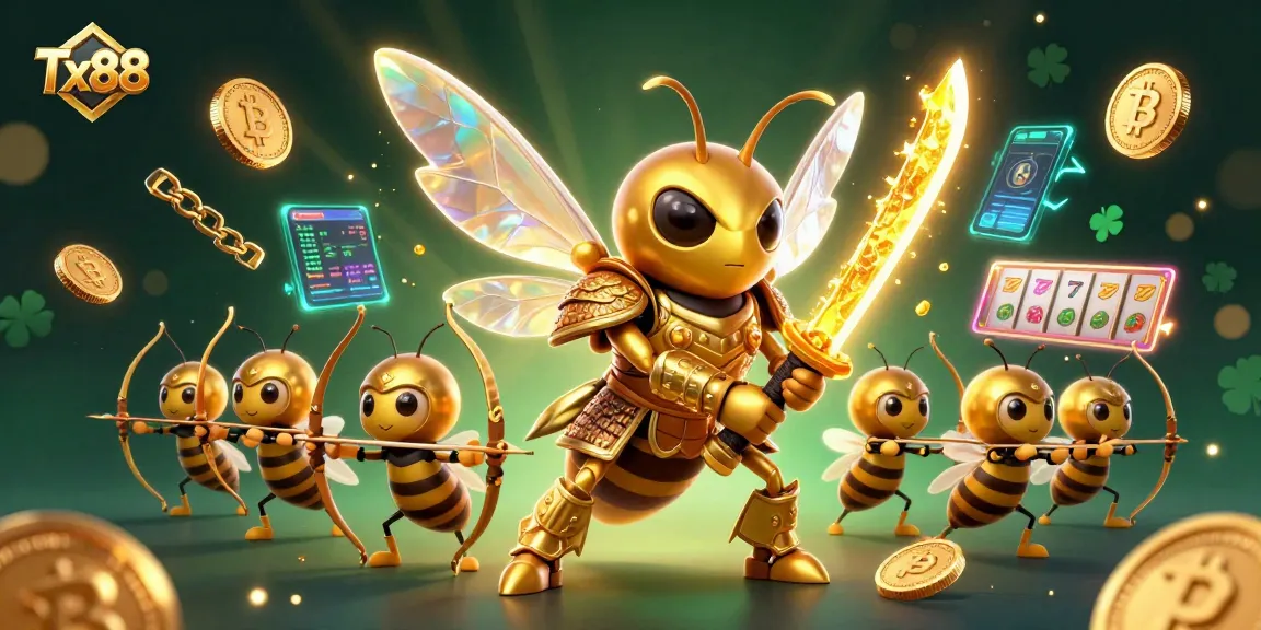 Experience exhilarating gameplay at Tx88 with a vibrant 3D casino illustration full of crypto elements.