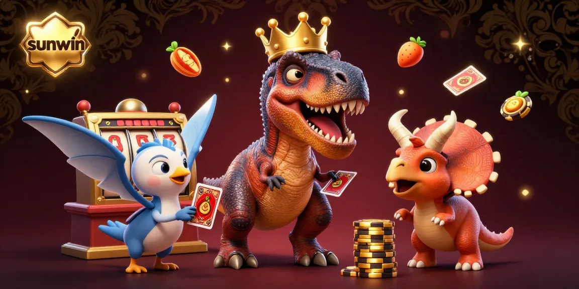 Join the sunwin experience with a friendly dinosaur in a casino scene, shuffling cards and stacking chips.