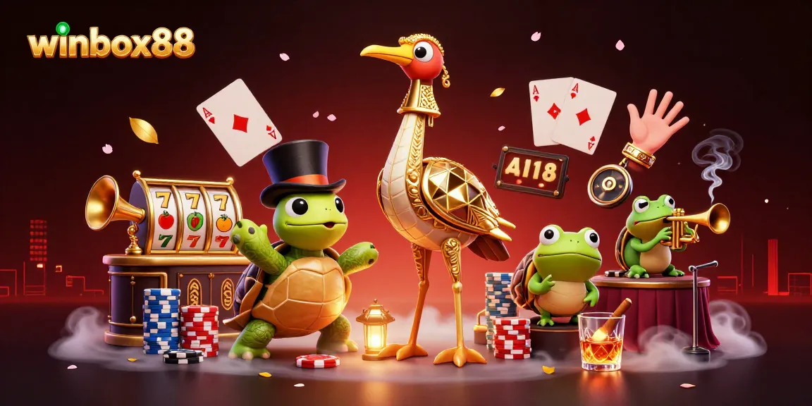 Experience thrilling play at winbox88 with a vibrant scene featuring a 3D casino illustration with unique characters.