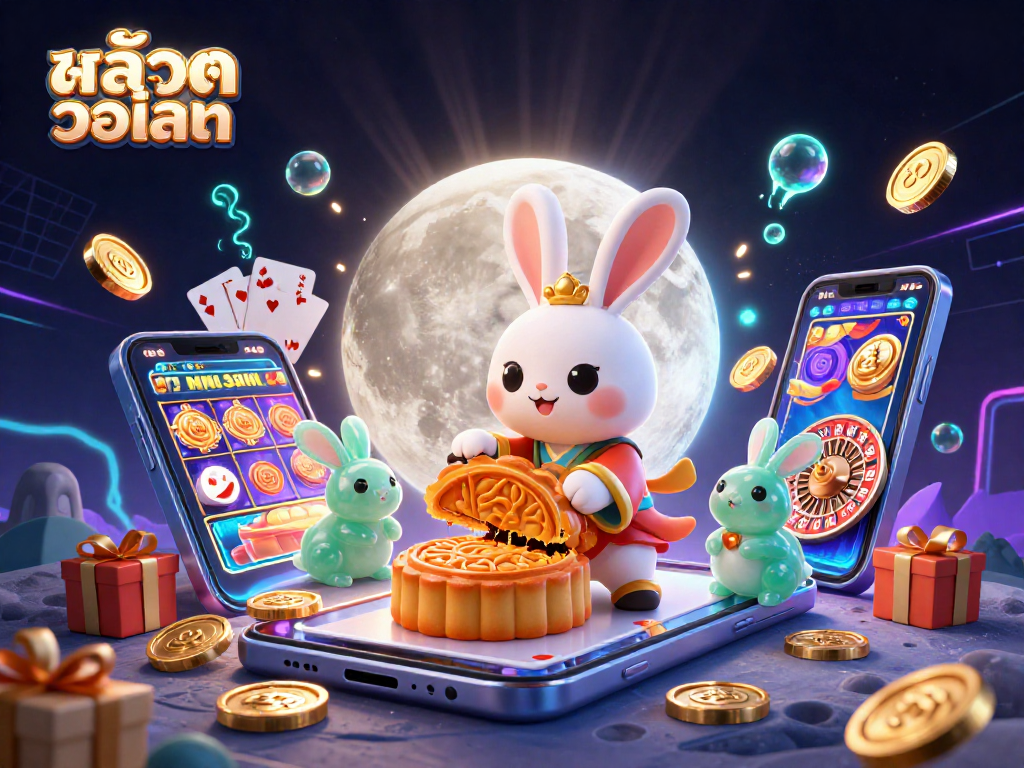 Spin the slot reels with สล็อตวอเลท showcasing the moon rabbit and poker chips in a vibrant casino scene.