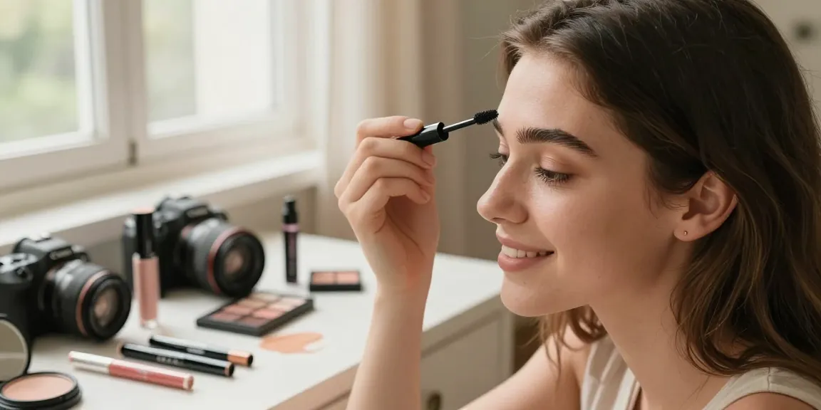 Applying skone cosmetics brow wand for perfect brows in a cozy beauty routine