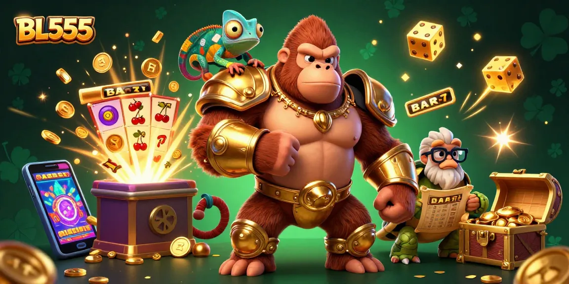 Win big with BL555 in this vibrant 3D casino scene featuring dynamic game elements and lively characters.
