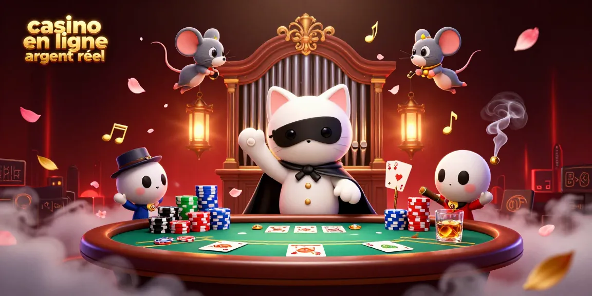 Une scène de casino en ligne argent réel riche avec un chat masqué jouant de l'orgue et des acrobates.