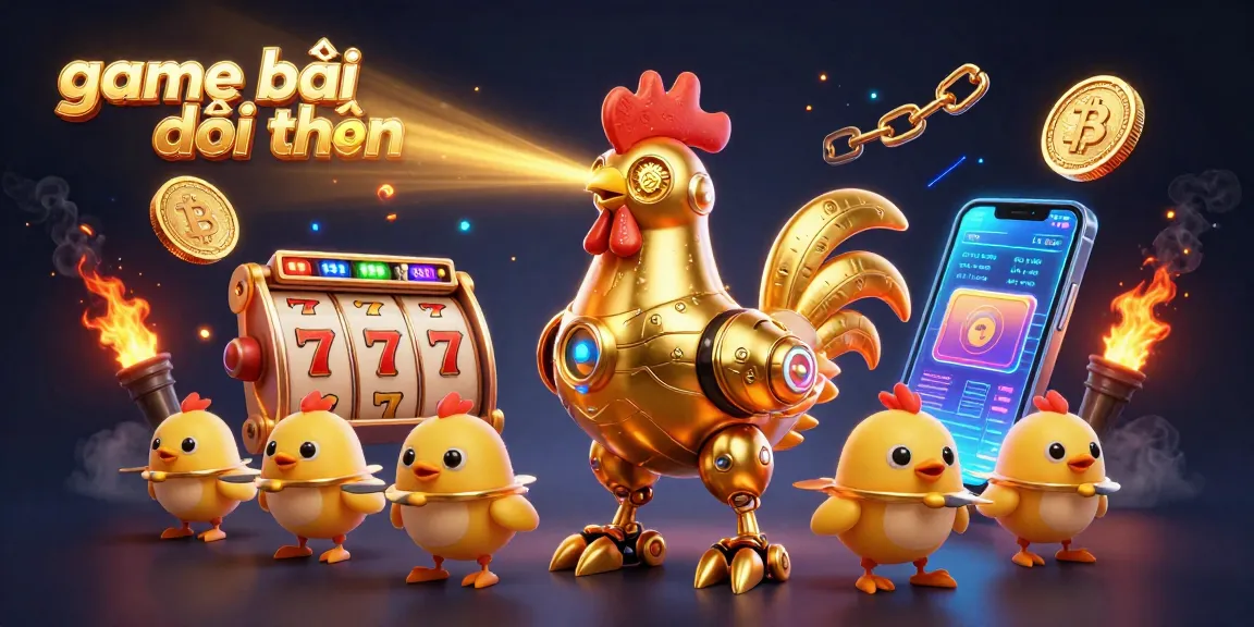 Engage in game bài đổi thưởng with an ultra-detailed 3D illustration of a golden rooster robot and baby chick drones.