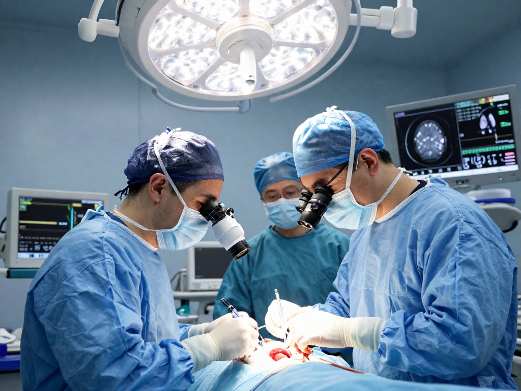 In a brain tumor surgery, a neurosurgeon performs a beyin tümörü ameliyatı with advanced technology and focused teamwork.