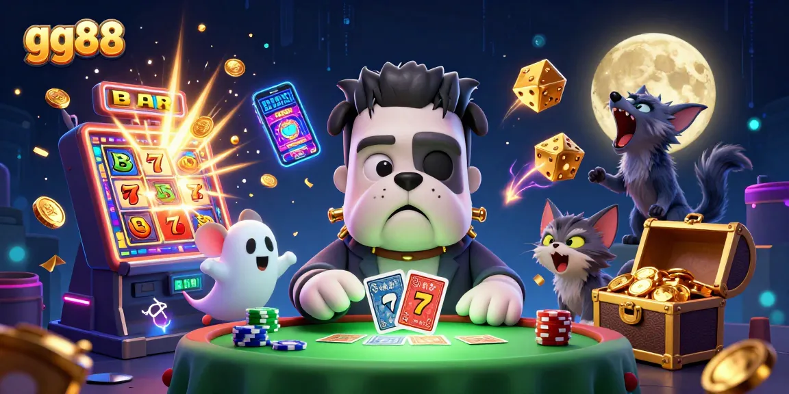 Experience gg88's thrilling bets with a vibrant 3D illustration showcasing a Bulldog dealer and exciting casino elements.