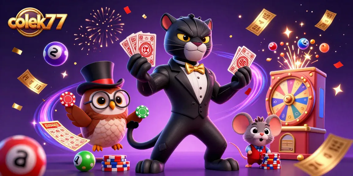 Experience winning thrills with colek77 in a vibrant casino-themed illustration featuring dynamic characters and game elements.