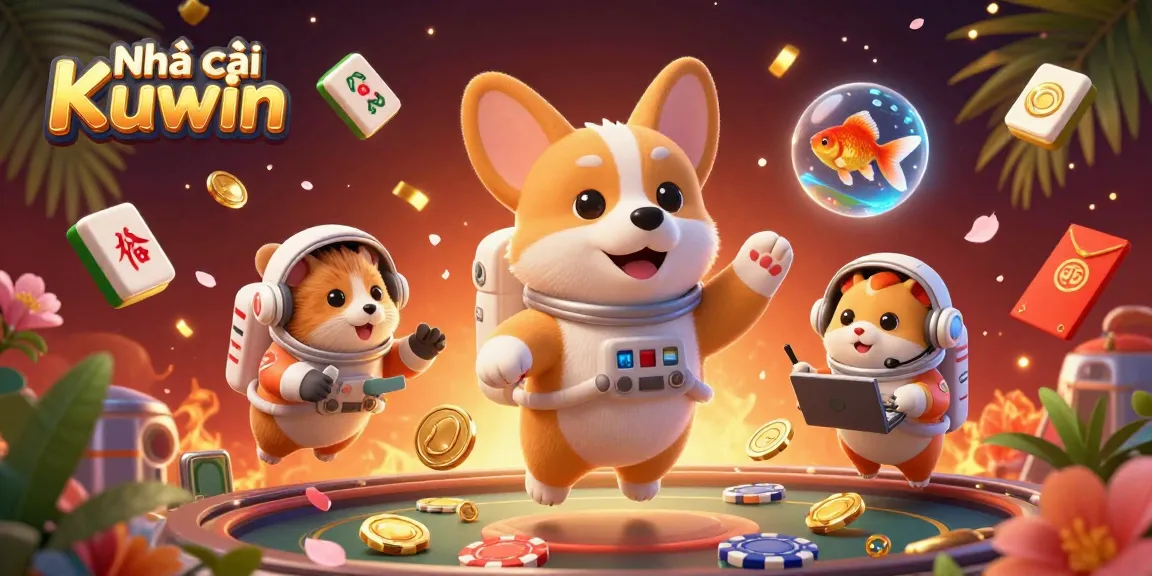 Experience dynamic fun with Nhà cái Kuwin in a vibrant 3D casino scene featuring an astronaut corgi.