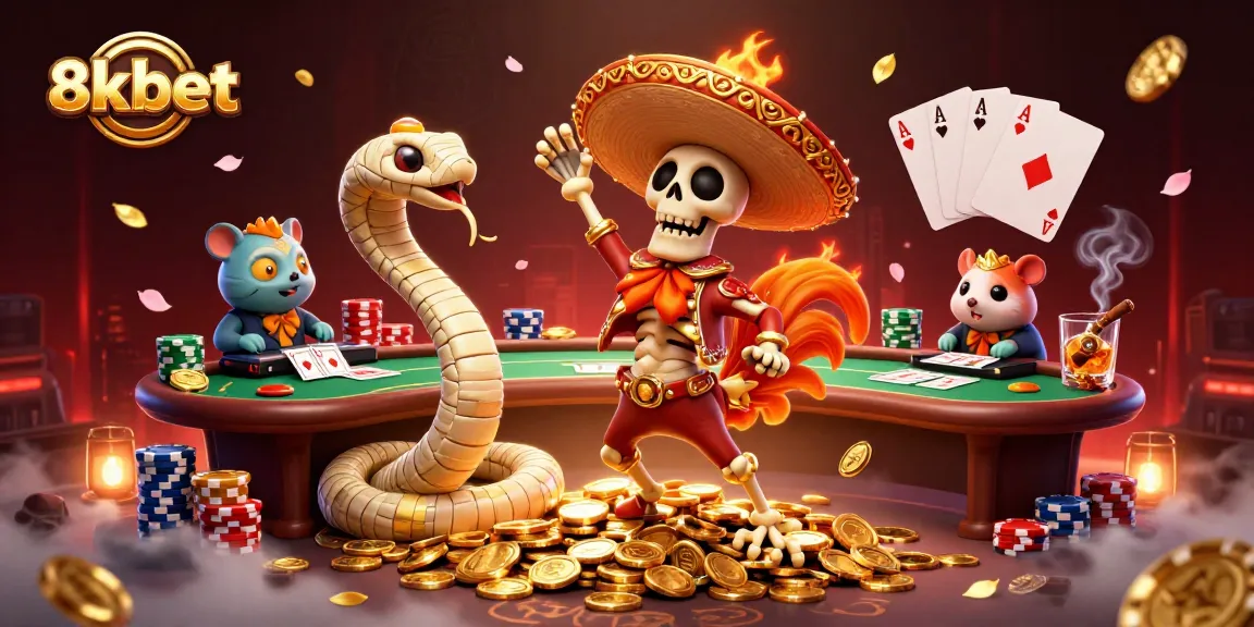 Experience the vibrant world of 8kbet as the mariachi rooster celebrates with casino treasures in this dynamic illustration.