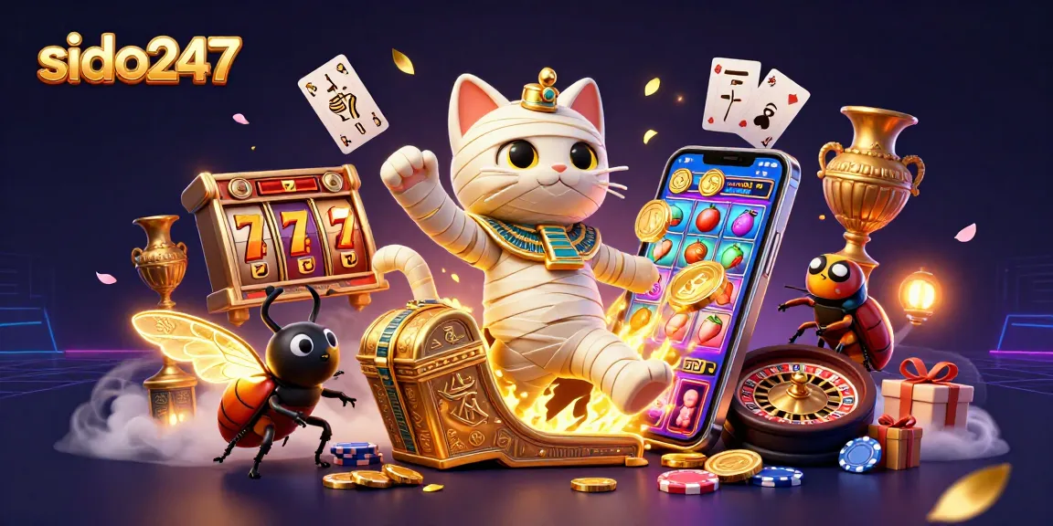 Experience the excitement of sido247 with a vibrant 3D casino adventure featuring a mummy cat and golden elements.