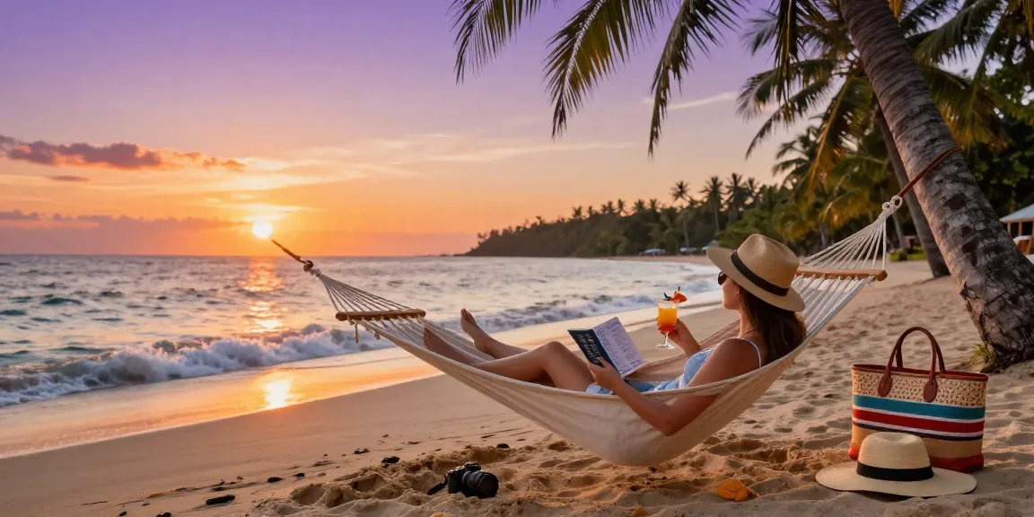 Experience luxury and custom tour packages in a sunset beach scene with personalized travel essentials and serene surroundings.