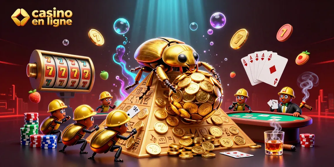Profitez d'une illustration animée d'un casino en ligne avec un scarabée doré et des symboles de jeux.