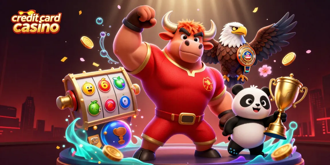 Engage in thrilling gameplay at a credit card casino with dynamic characters celebrating rich bonuses and vibrant gaming elements.