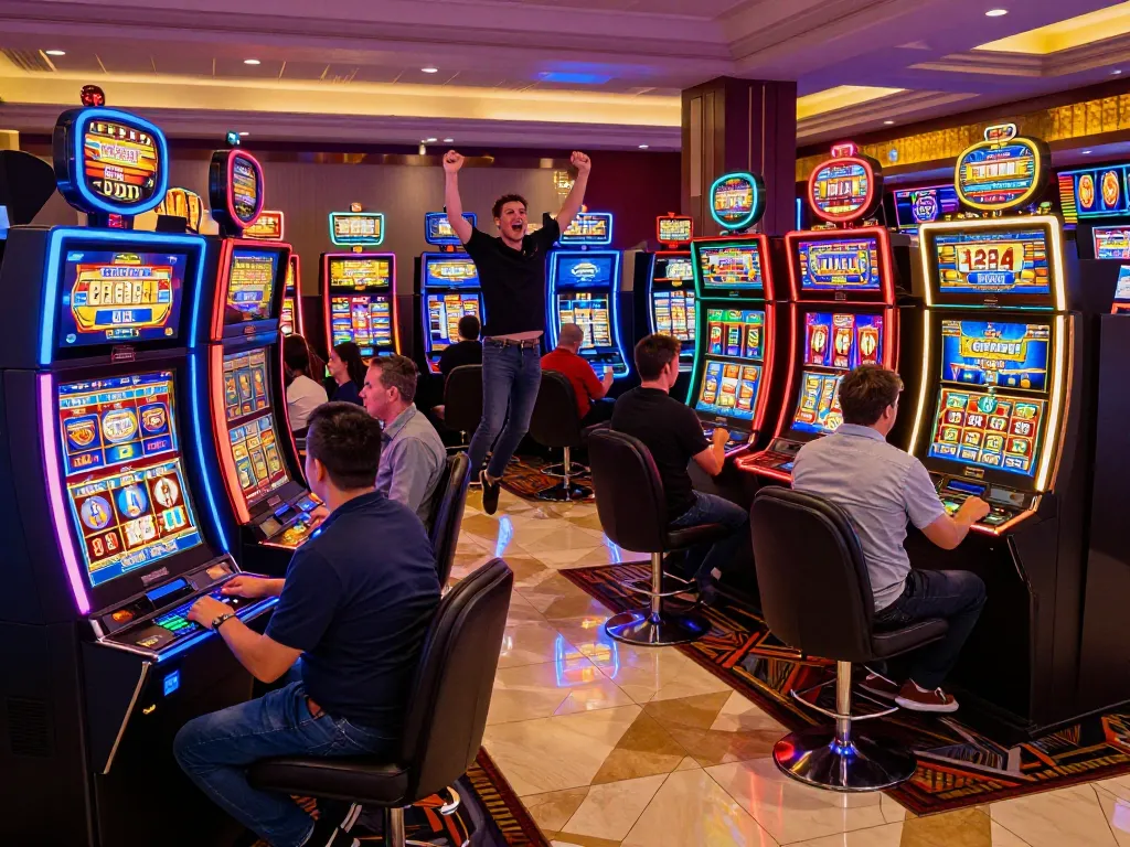 Players engaging with link slot machines, celebrating wins in a lively casino atmosphere
