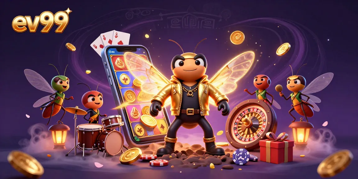 ev99 showcases an energetic scene with a cicada rock star and lively casino elements in a vibrant 3D illustration.