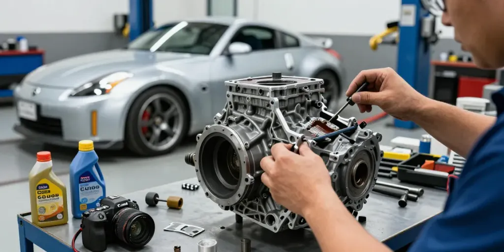 Inspecting a CD009 transmission for sale in an automotive workshop.