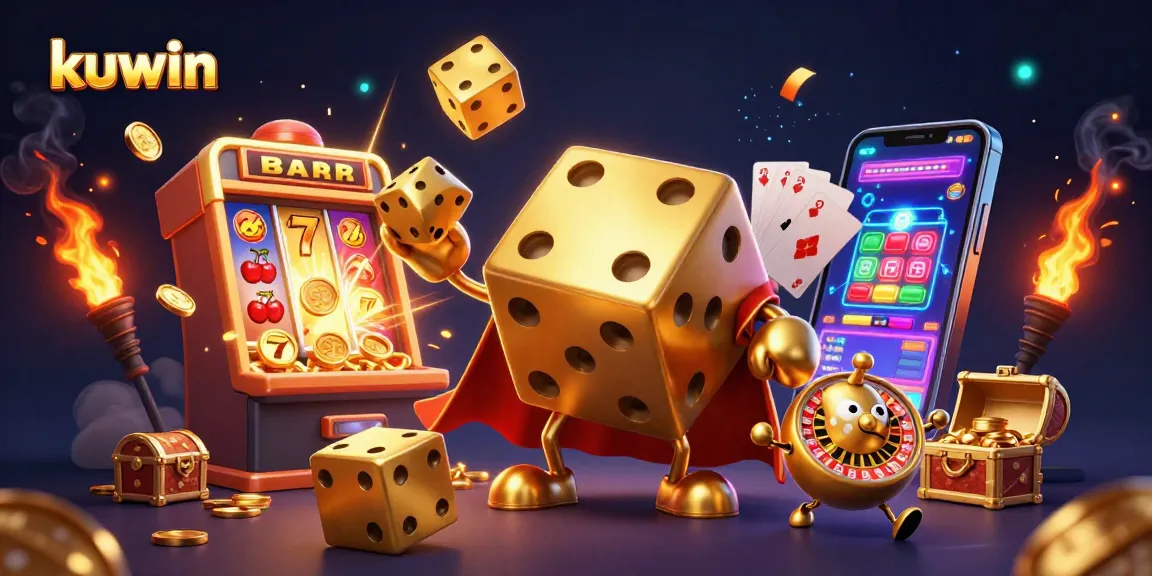 Engage in thrilling gaming with kuwin's vibrant 3D casino illustration showcasing dynamic rolls and jackpots.