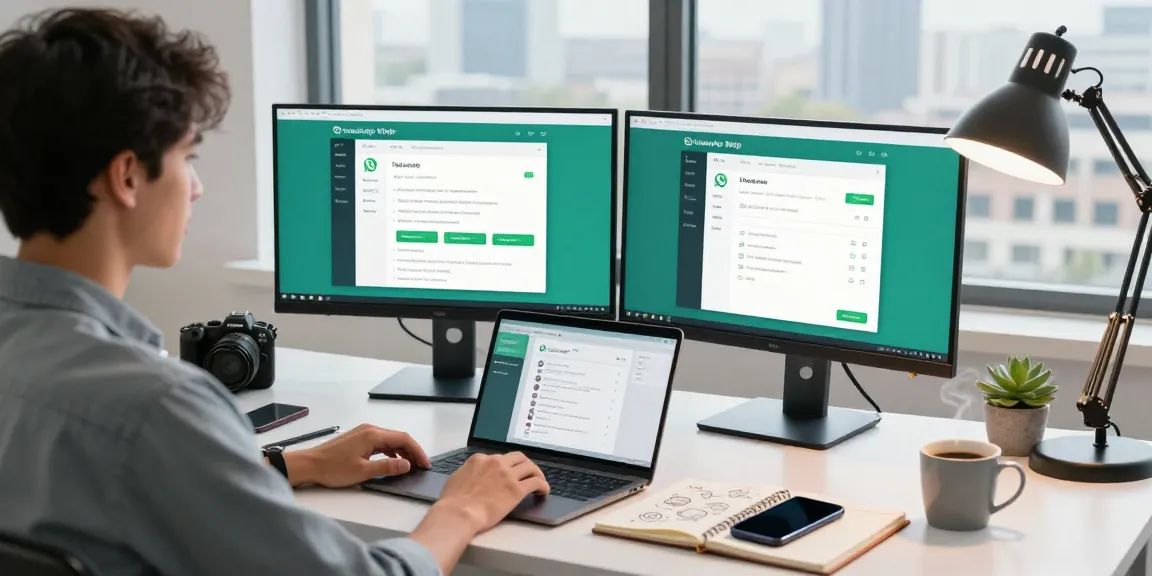 Engaging workspace showcasing WhatsApp網頁版 on dual monitors amid a modern tech environment.