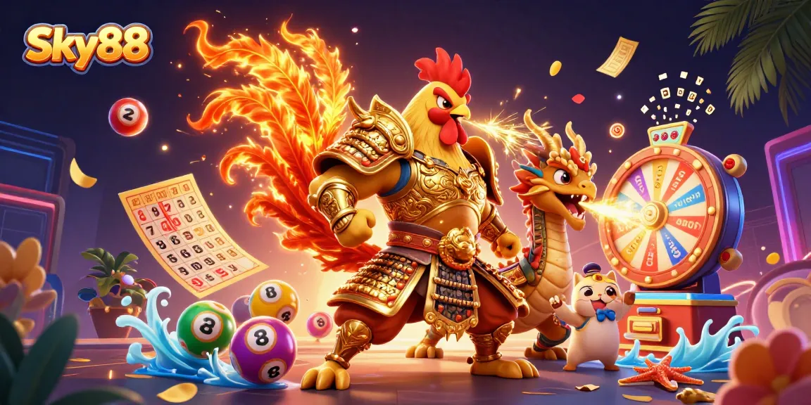 Sky88 presents an energetic battle scene with vibrant lottery elements and dynamic characters.