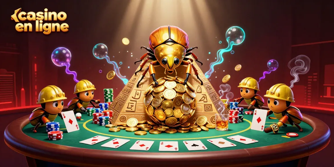 Illustration captivante d'un casino en ligne avec un scarabée doré et des éléments de jeu.