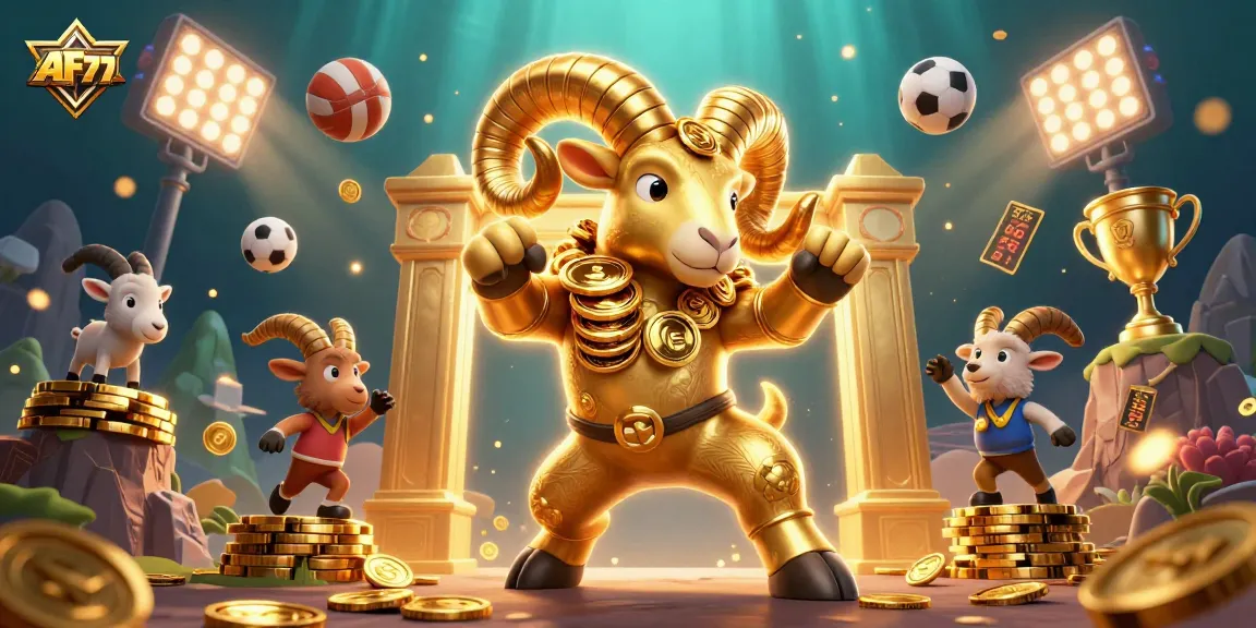 AF77 offers a dynamic gambling experience with a lively scene featuring sports balls and a golden ram.