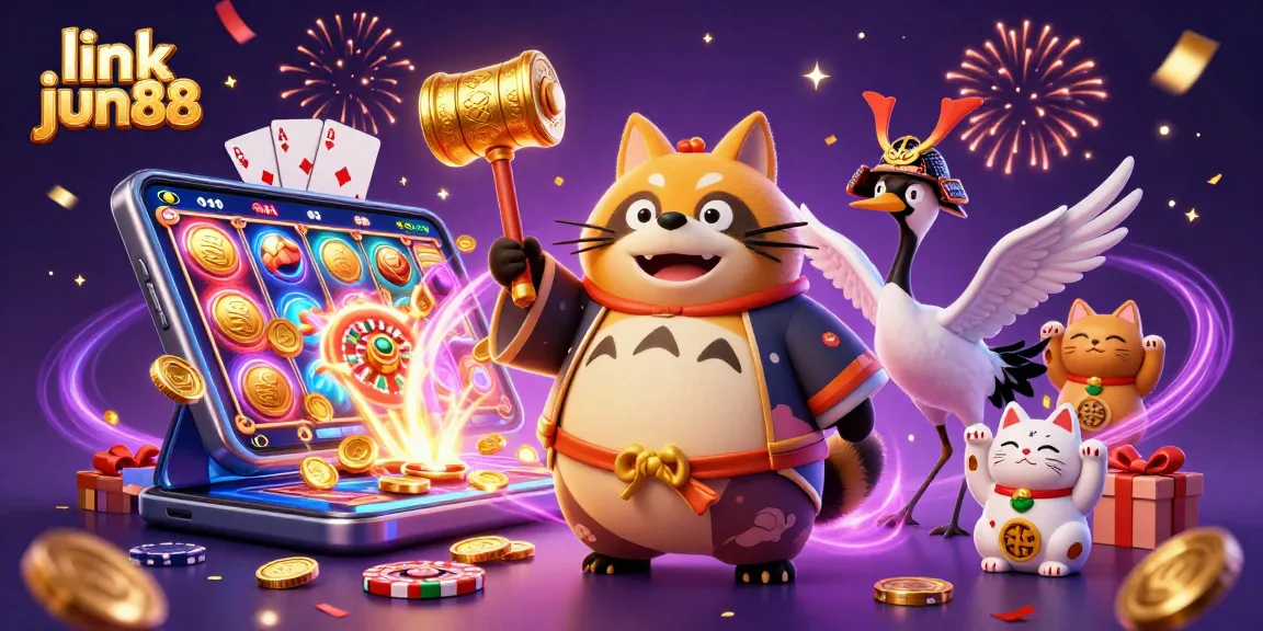 Experience thrilling gaming with link jun88 featuring a cheerful raccoon dog in a casino scene.