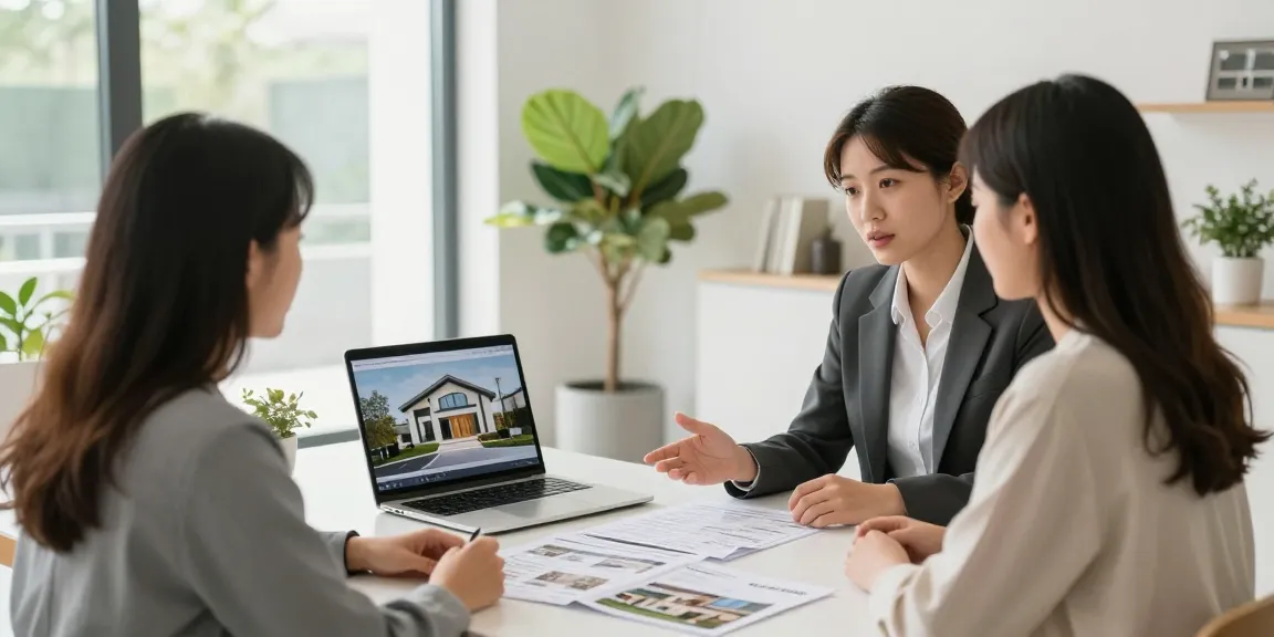 Reunião da Woning Unie com agente imobiliário e jovens compradores discutindo propriedades modernas.