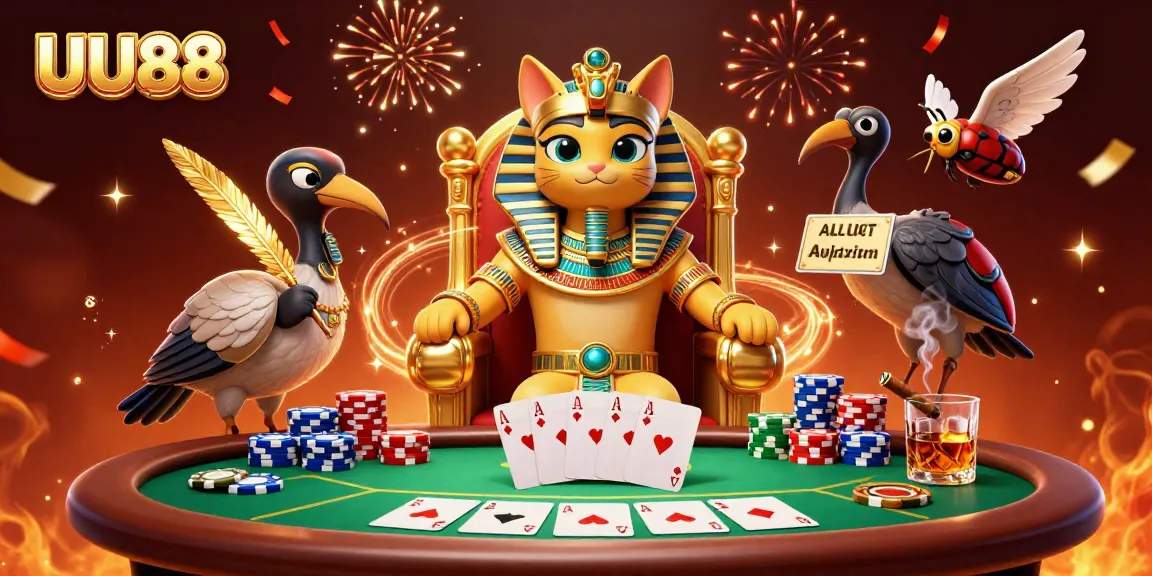Experience thrilling poker at UU88 with a 3D Egyptian pharaoh cat and dynamic casino elements.