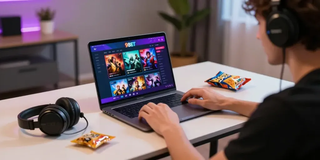 Gamer enjoying 9BET on a laptop with vibrant interface and accessories.