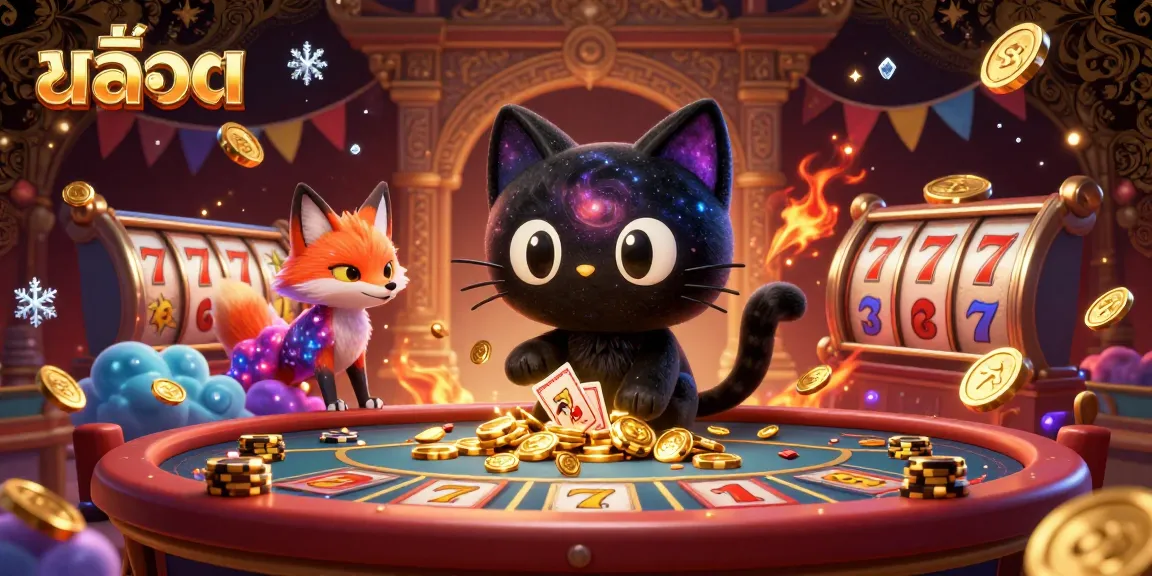 Experience the thrill of สล็อต with a vibrant cosmic casino scene featuring a charming black hole cat.