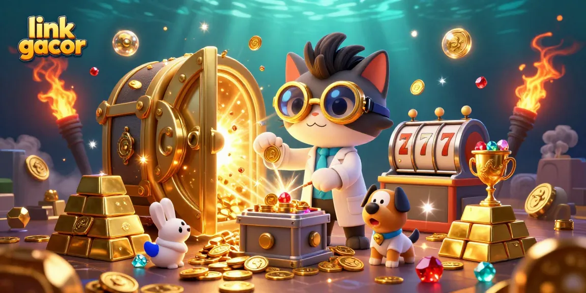 Experience the thrill of link gacor with a vibrant casino scene featuring a mad scientist cat and treasures.