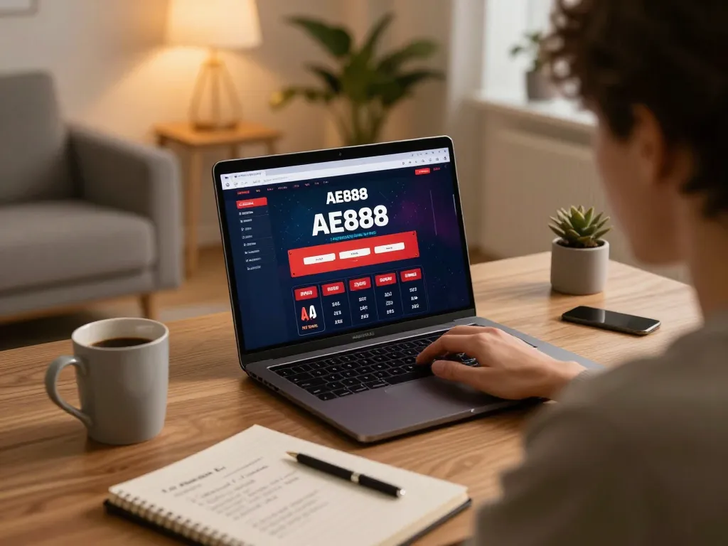 Player engaging with AE888 online casino on laptop in a cozy home environment.