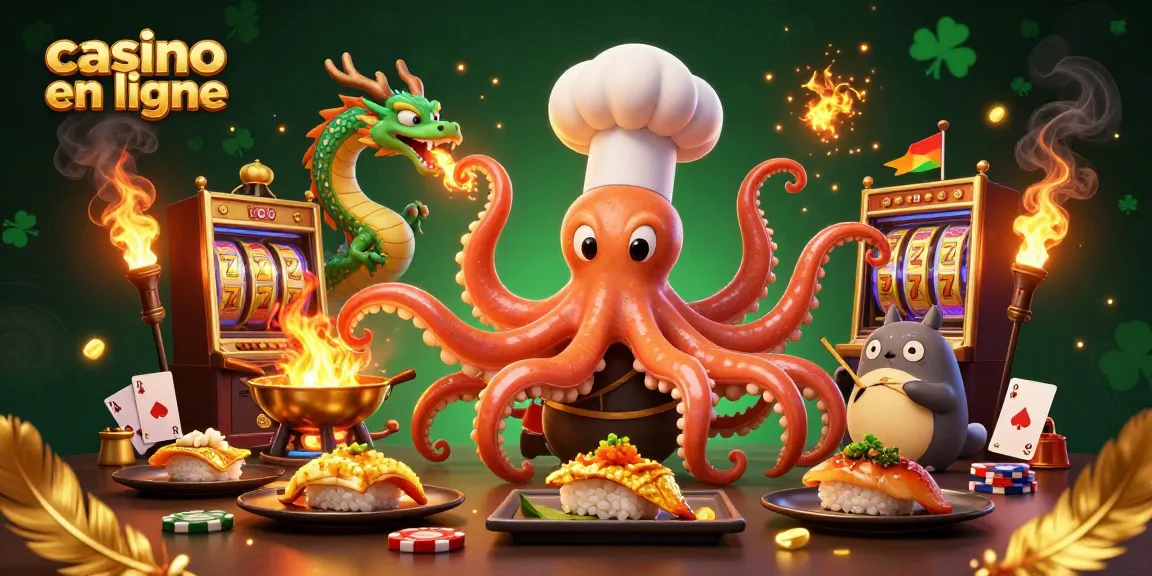 Une illustration 3D d'un chef sushi poulpe préparant des plats dorés dans un casino en ligne.