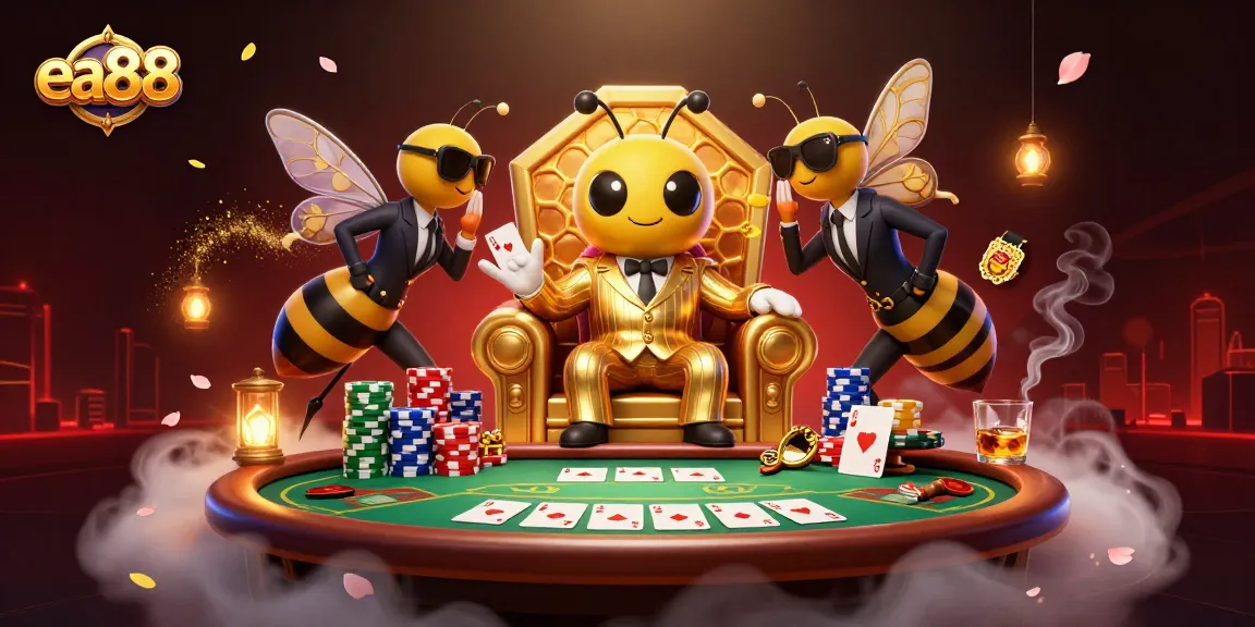 ea88 showcases a vibrant gambling scene with a cartoon bee mob boss at a poker table.
