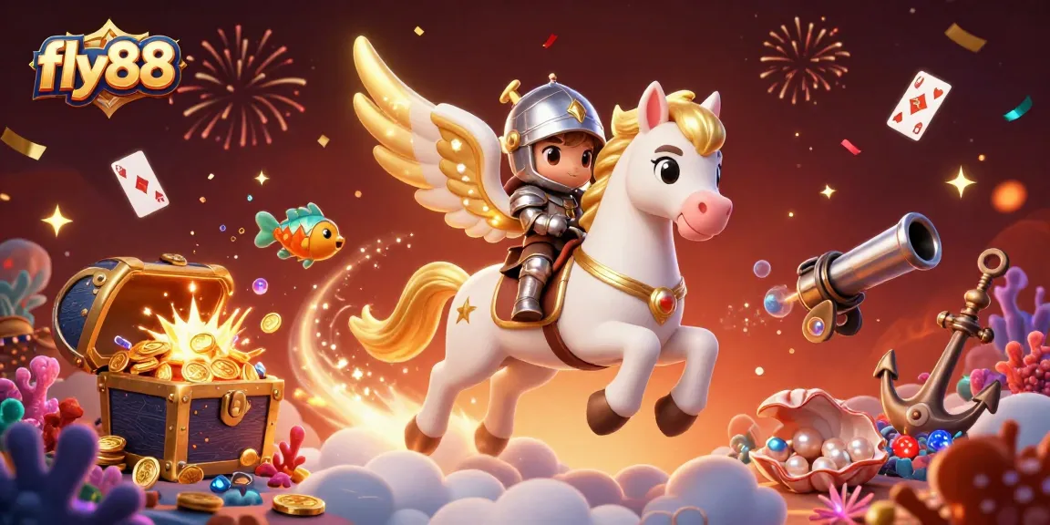 Experience excitement with fly88 as a knight rides a celestial horse amidst a treasure-filled casino