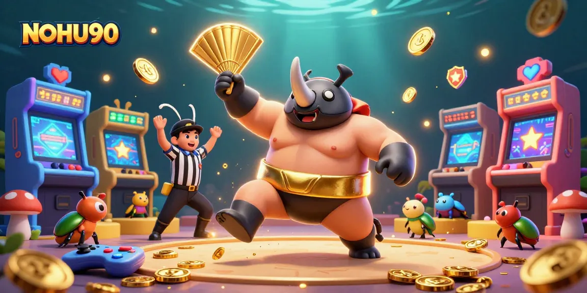 Experience thrilling gaming action with NOHU90 as a sumo beetle champion stomps gold coins in a dynamic casino scene