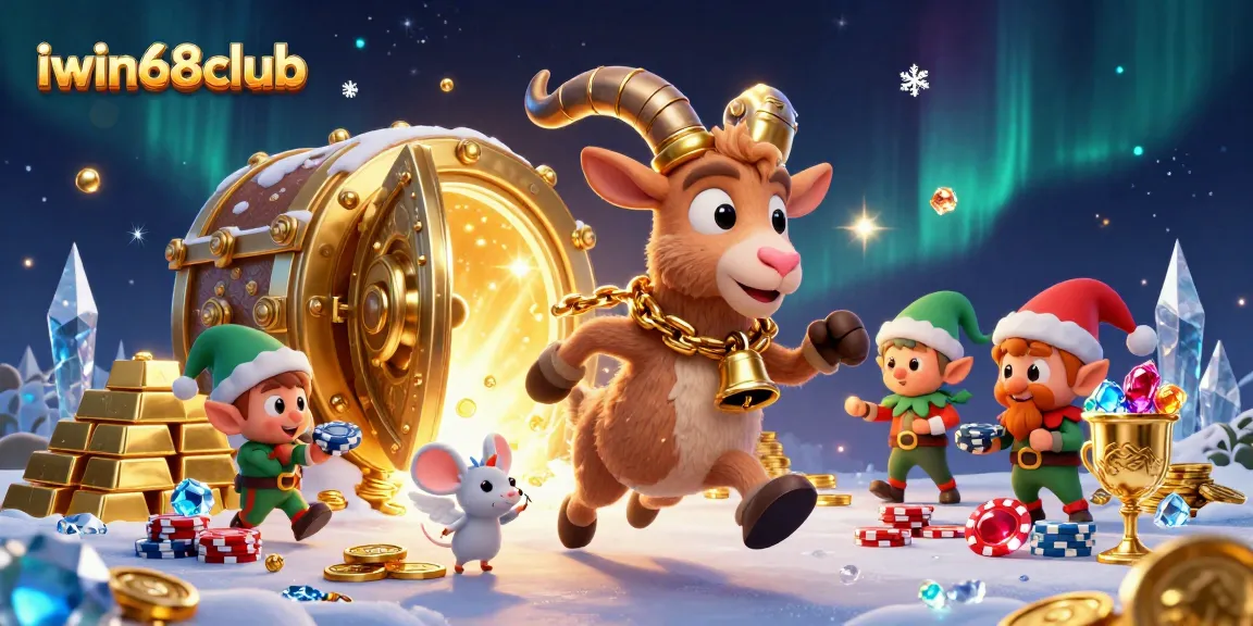 IWIN68Club features a festive casino scene with a Krampus goat, angel mouse, and elf gremlins stealing chips while surrounded by golden treasure.