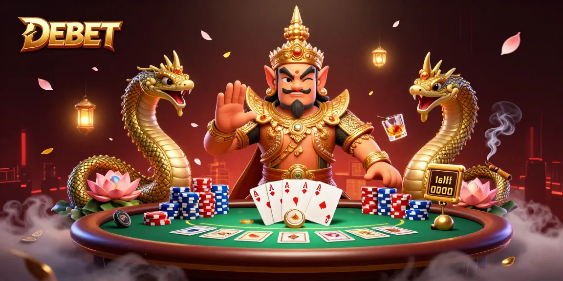 Engage with DEBET in a vibrant poker scene featuring Thai guardian and Naga companions.